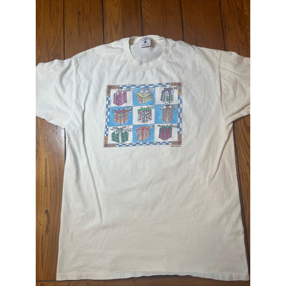 Vintage 1996 Andee Dubin Christmas Gift Box Graphic T-Shirt Delta White Large
